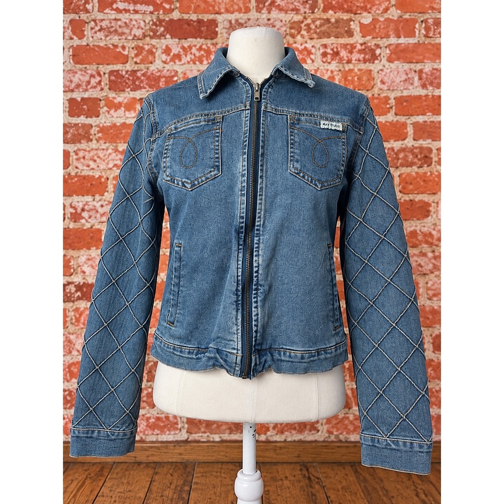 Y2K Vintage Denim Jacket M Crop Retro Fitted Western Utility 200s Moto Grunge